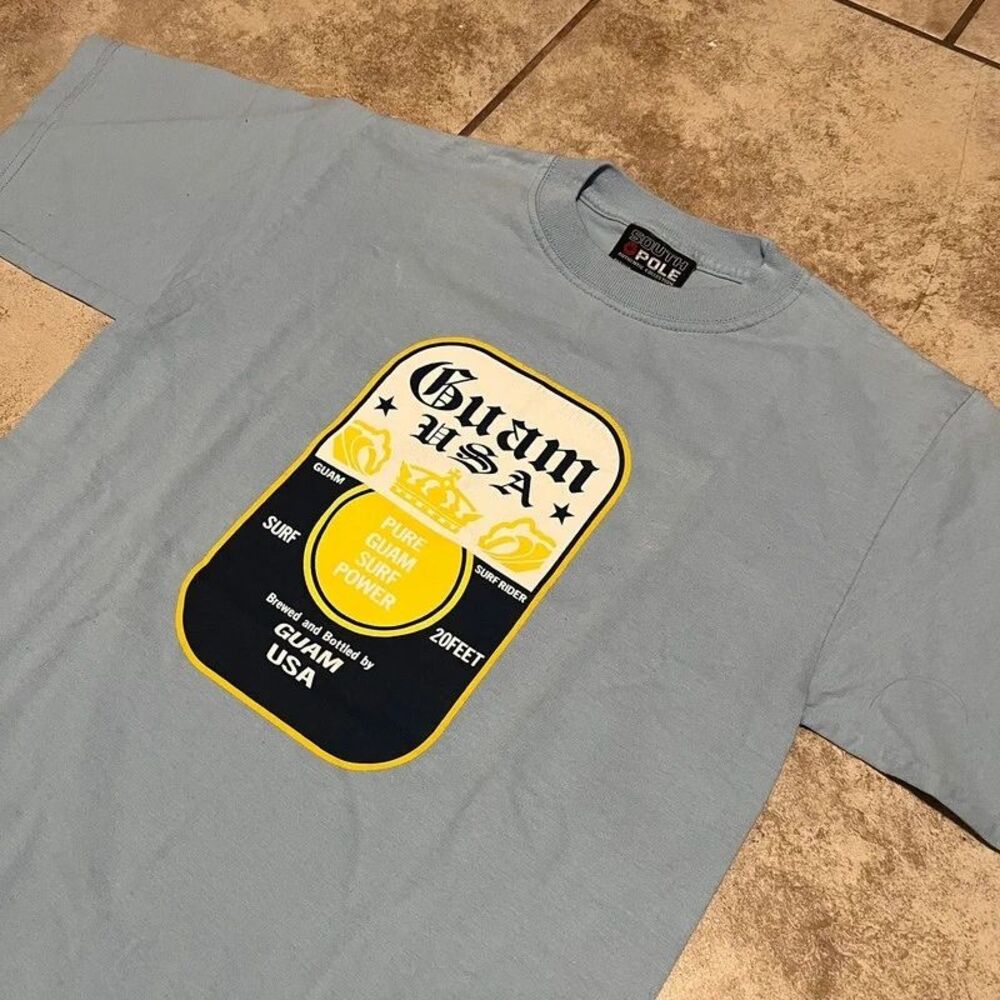 Vintage Southpole Guam USA T Shirt Mens Large L Blue Graphic Beer Label Surf Tee